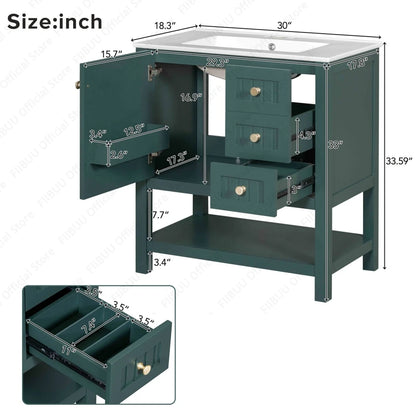 Bathroom Vanity Cabinet Combo, 30 Inch with Ceramic Sink, Soft-Close Doors, Solid Wood Frame, Waterproof for Small Bathroom Storage