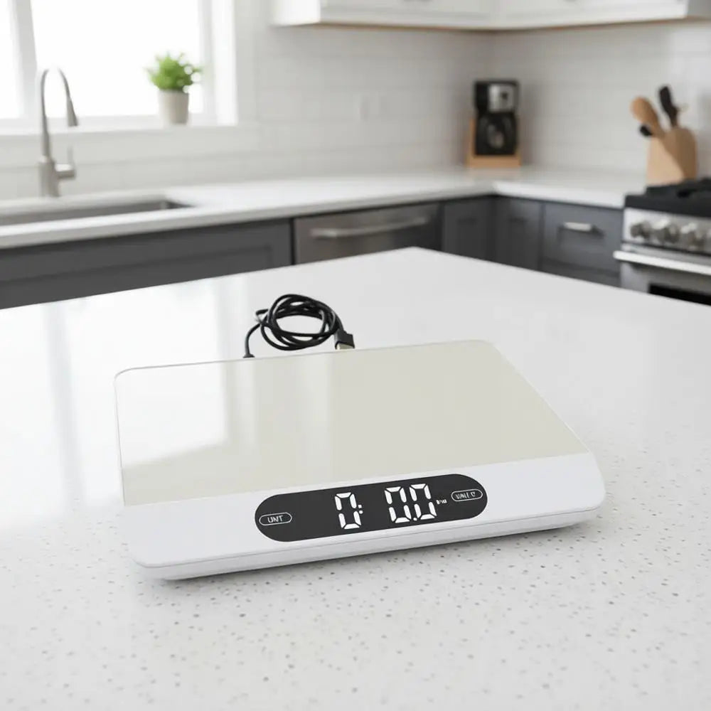 22LB High Accuracy Kitchen Food Scale with Stainless Steel Surface, Backlit Display, and USB Recharging Cord Included