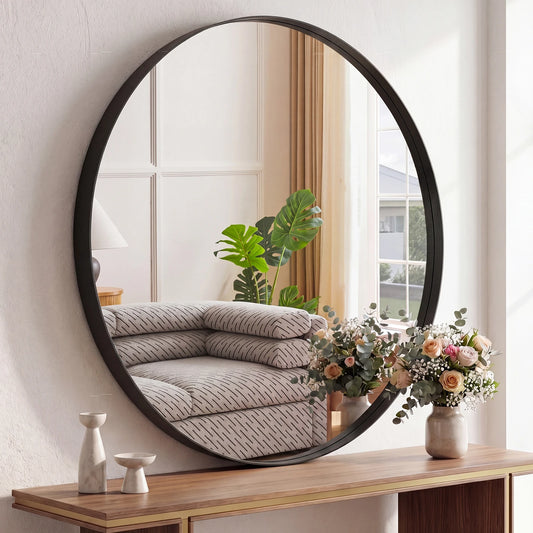 Groove Gold Round Vanity Framed Mirror for Wall, Bathroom Mirror for Over Sink with Matte Metal Frame, Wall Mount