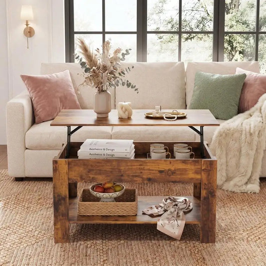 39 Inch Lift Top Coffee Table With Hidden Storage Compartment & Open Shelf, Rustic Wood Coffee Table With Storage