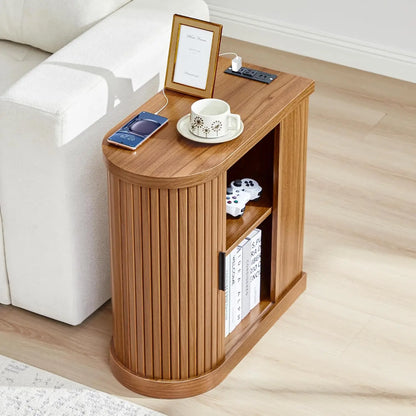 Nightstands with Charging Station, Narrow Side Table with Storage Doors and Shelves, for Small Spaces, Walnut