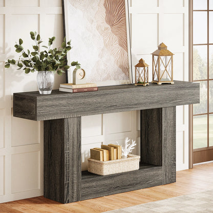63" Console Table, Farmhouse 2-Tier Entryway Table with U-Shaped Base, Narrow Long Wood Sofa Table, Behind Couch Table