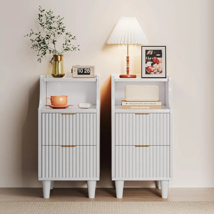 Narrow Nightstand Set of 2,11.8" Fluted with Slim Side 2 Drawers