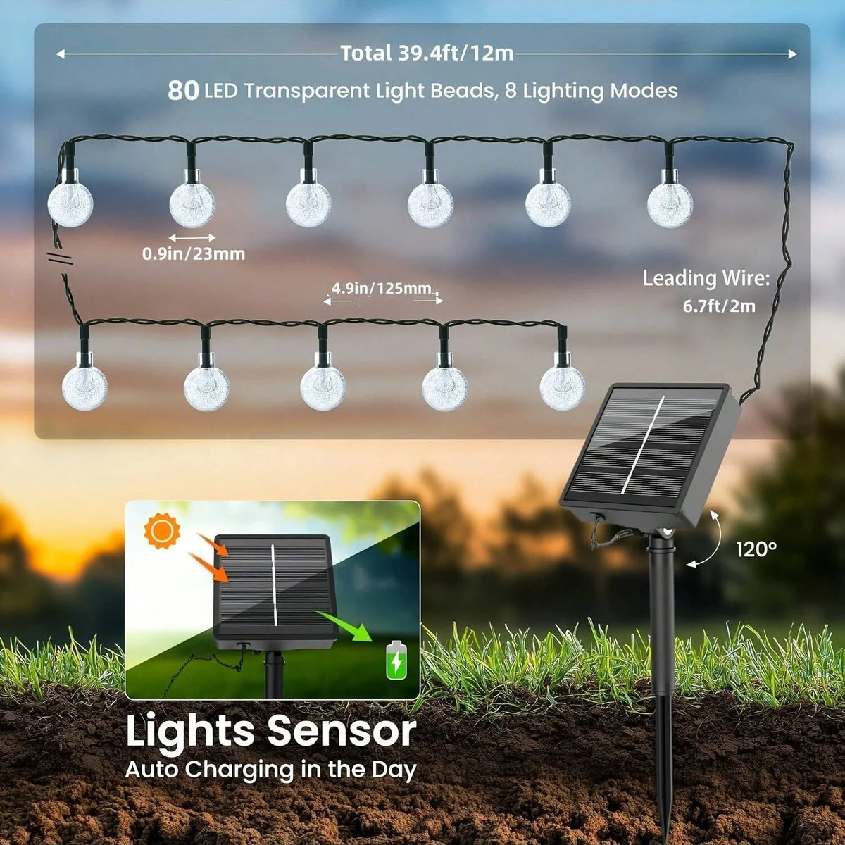Solar String Lights Outdoor Waterproof, 2 Pack Total 120 LED 73 FT, Solar Powered Patio Lights with 8 Lighting Modes