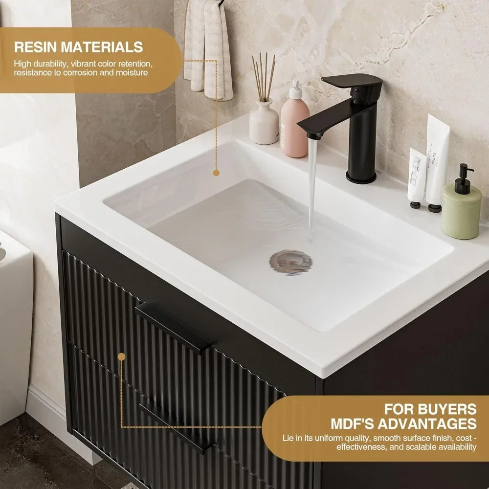 24' Floating Bathroom Vanity with Sink, Modern Wall Mounted Cabinet, 2 Drawers with Black Handles, for Bathroom/Laundry Room