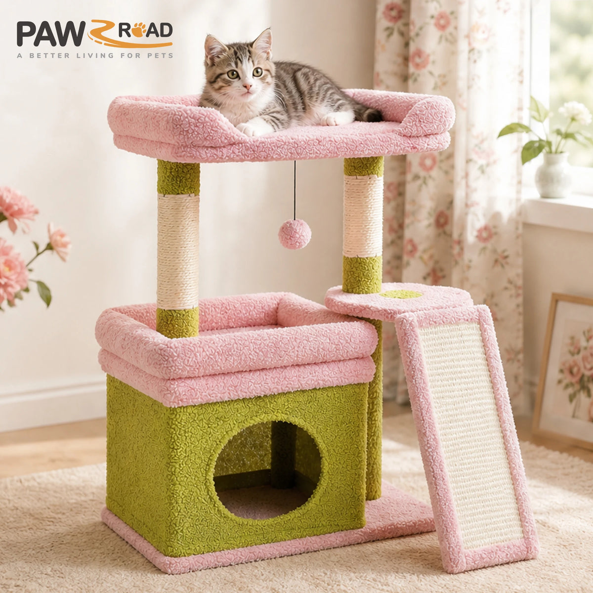 Small Cat Tree for Indoor Cat, Tower with Sisal Scratching Post and Pad, Wide Top Perch