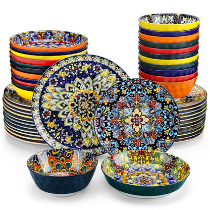 24 PCS Ceramic Dinnerware Set, Porcelain Bohemian Style with Dinner/Dessert Plate/Cereal/Pasta Bowl For 6
