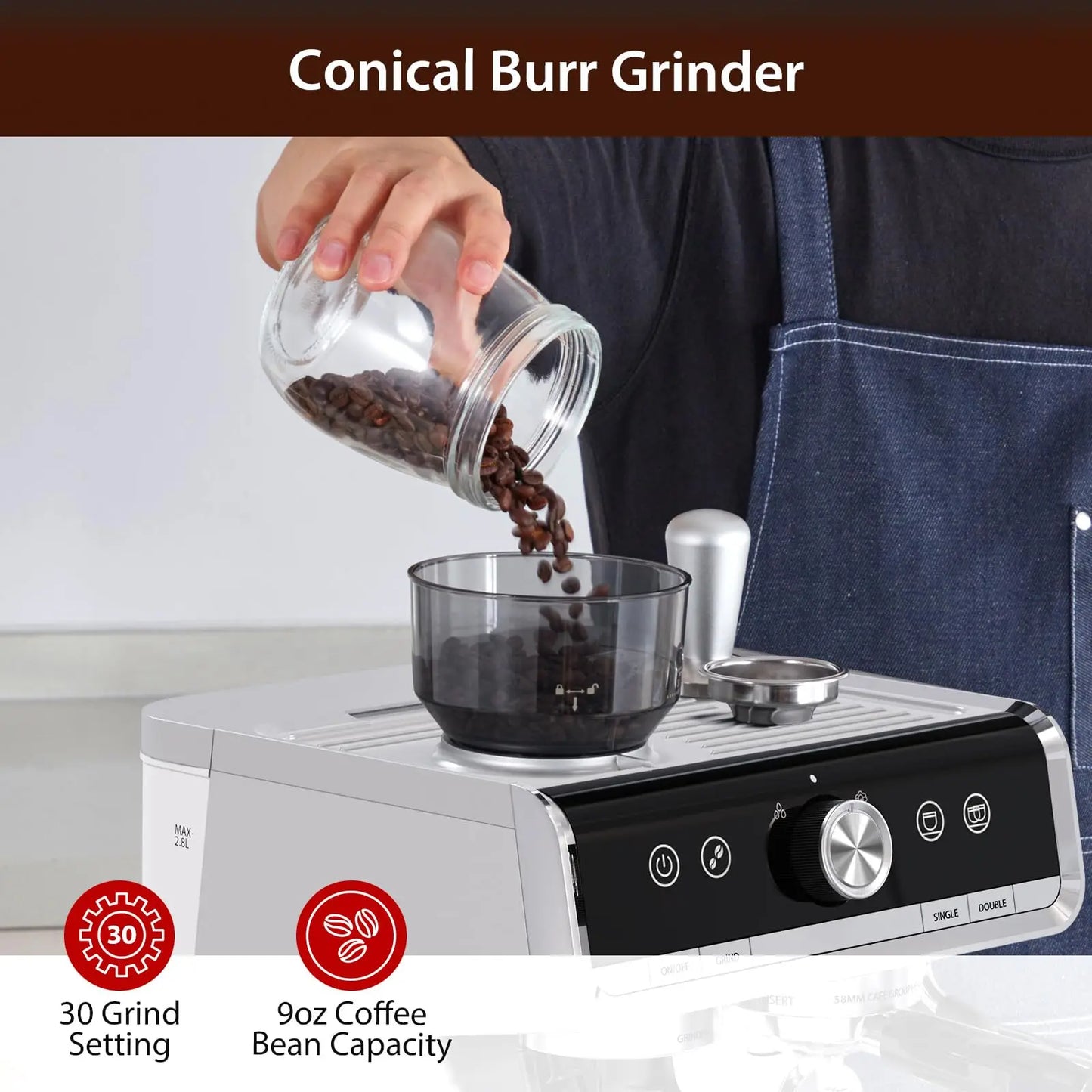 Semi-Automatic Professional Coffee Machine With Bean Grinder & Steam Wand