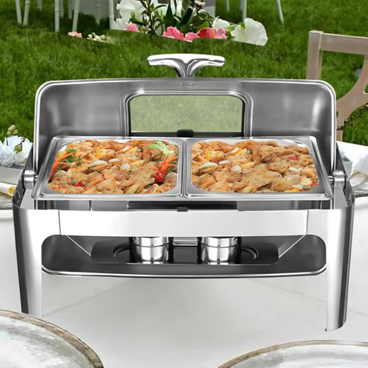 Roll Top Chafing Dish Buffet Set,9 Qt Stainless Steel Food Warmer with Viewing Lid, Rectangular Chafing Dish for Party & Buffet