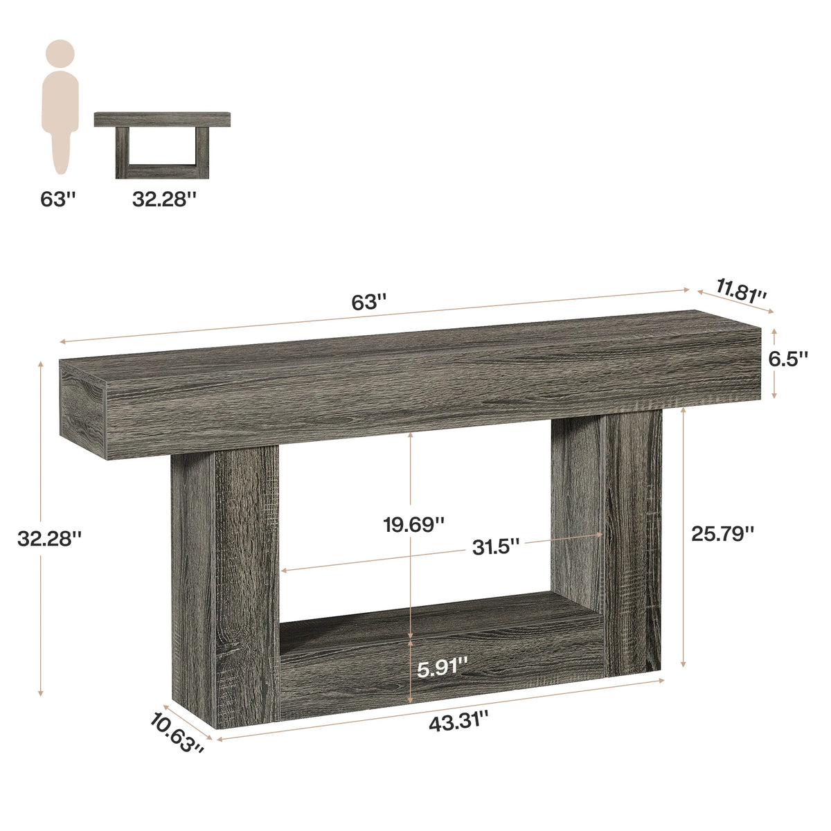 63" Console Table, Farmhouse 2-Tier Entryway Table with U-Shaped Base, Narrow Long Wood Sofa Table, Behind Couch Table