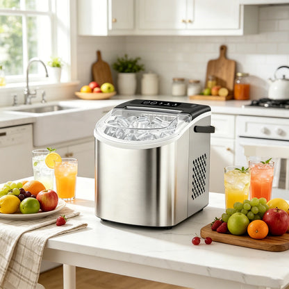 Portable Silver Stainless Steel Ice Maker with Handle, Produces 29 Pounds of Ice in 24 Hours