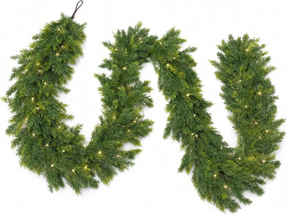 9Ft Norfolk Pine Christmas Garland,  Artificial Layered Faux Greenery, Christmas Wreaths with 50 Led Lights 8 Lighting Modes for Home Party Decoration Outdoor Yard Pine Rattan Hanging Ornaments