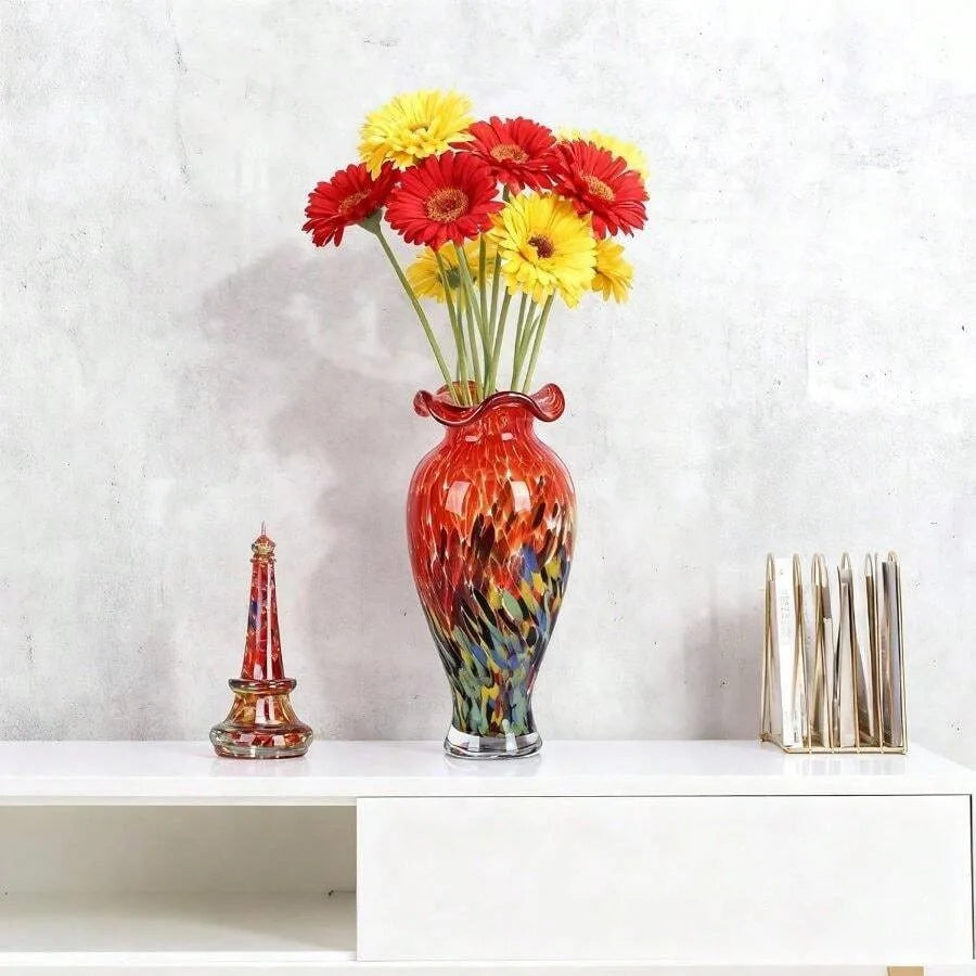 12.2H Murano Hand Blown Glass Vase, Ruffled Scalloped Rim