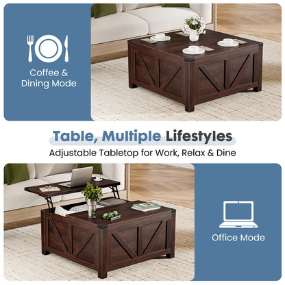 35.6IN Lift Top Coffee Table with Charging Station and Storage Shelf, Easy Lift Or Lower, Square Wood Table, Hidden Storage for Living Room