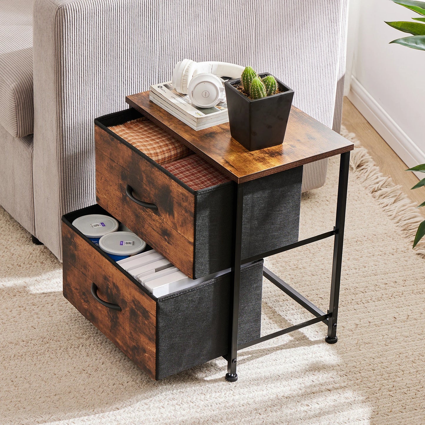 Nightstand, Table Storage For Bedroom 2 Fabric Drawers