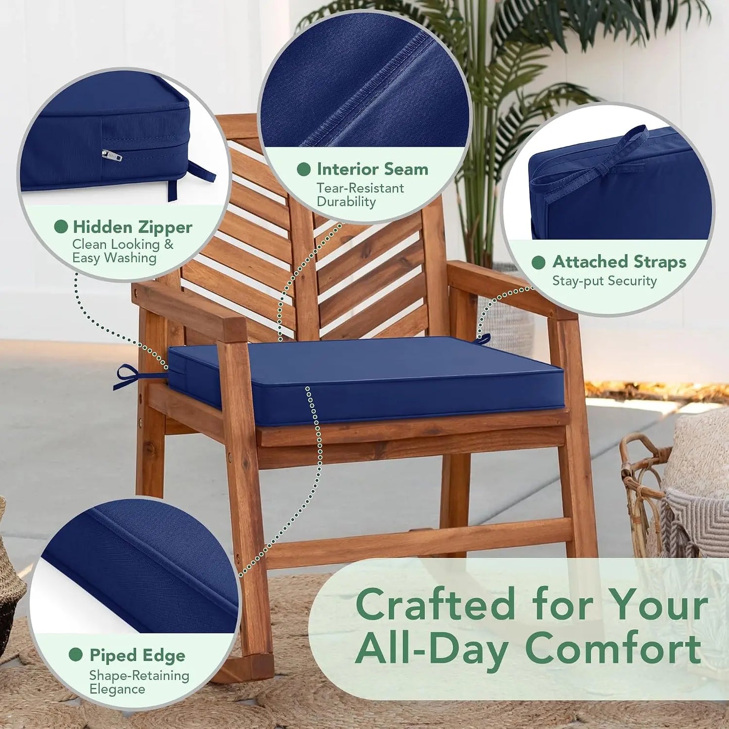 6-Pack Waterproof Patio Chair Cushions, 19x19x2 Inch, Fade Resistant, with Ties & Hidden Zipper, Navy