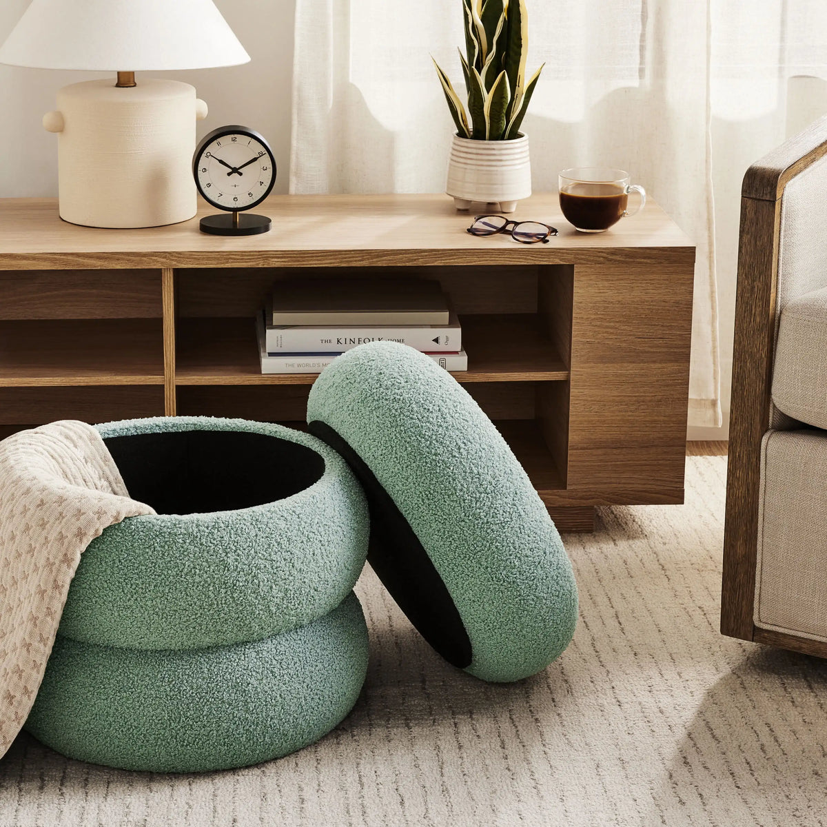 Boucle Storage Ottoman, Round Upholstered Foot Stool, Hidden Storage Bench