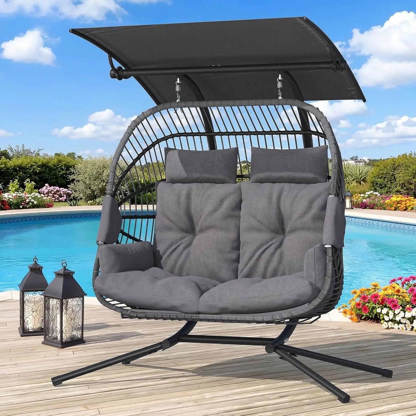 Oversized Double Hanging Swing Chair with Removable & Adjustable Canopy, Double Egg Chair