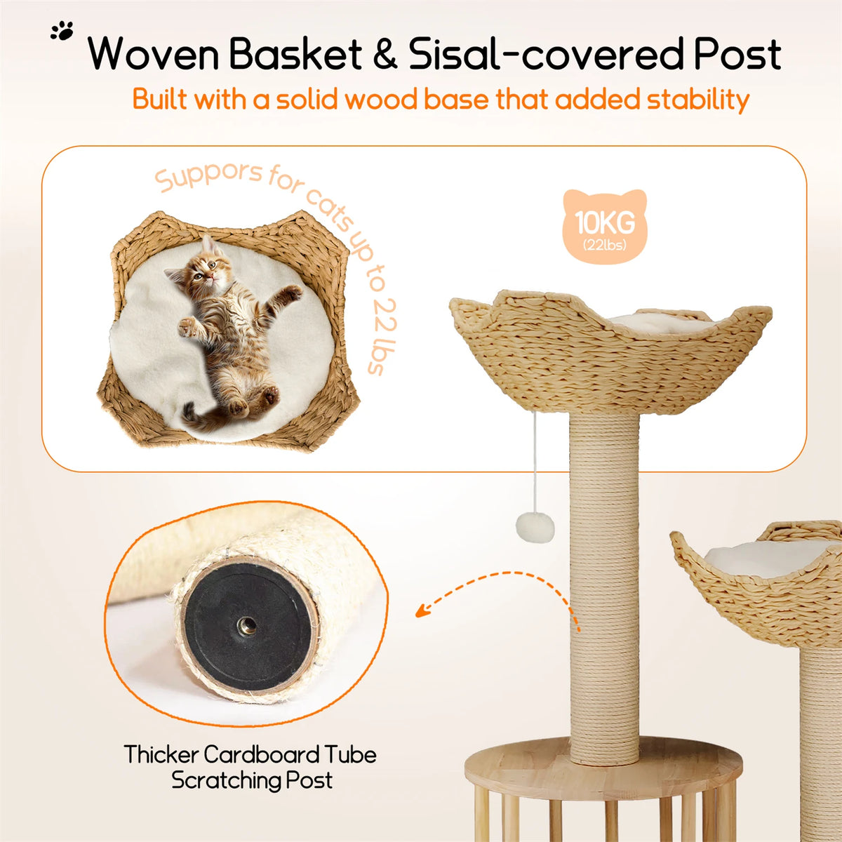 3 Tier Cat Tree Activity Tower with Plush Cushion and Dangling Ball, Sisal Scratching Post for Indoor Cats