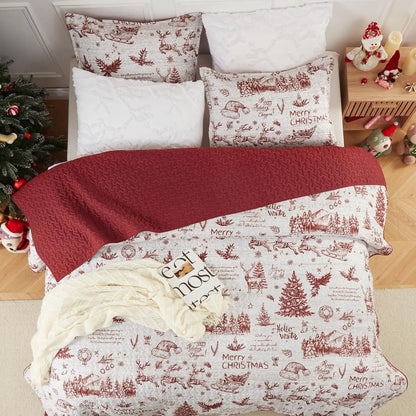 3 Piece Christmas Quilt Set, King Size Breathable Holiday Bedspread Coverlet, Winter Bedding Holiday Season, Bedroom Decor, Soft Breathable  For Xmas Decor QuiltX1,PillowcasesX2