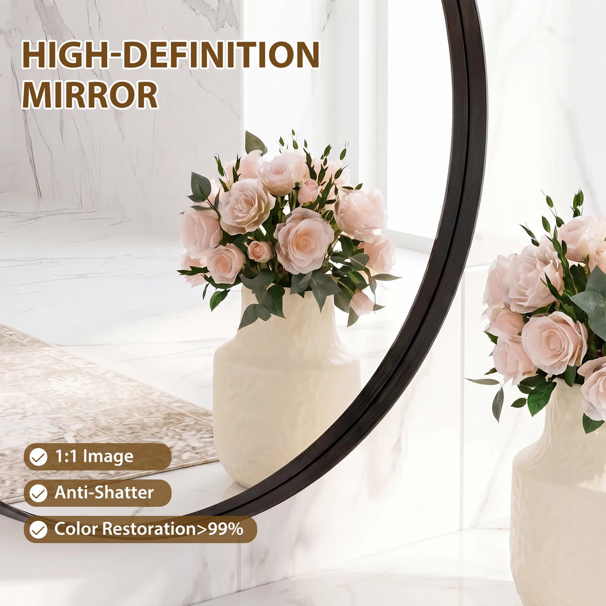 Groove Gold Round Vanity Framed Mirror for Wall, Bathroom Mirror for Over Sink with Matte Metal Frame, Wall Mount