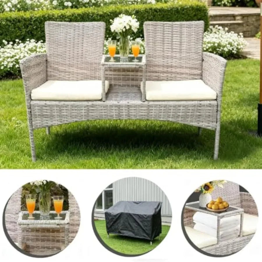 Wicker 2-Seat Outdoor Patio Loveseat, Built-In Coffee Table, Washable Cushion Covers, Dust Cover Included