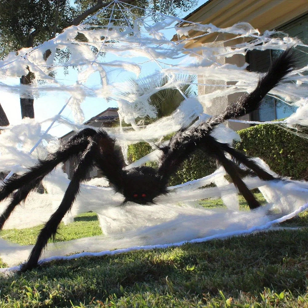 Halloween Decoration Outdoor 59'' Giant Spider with 400 sqft Spider Web, Outside Decor, Stretchy Triangular Spiderweb 23 x 18 ft for Yard, Haunted House, Photobooth Props