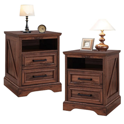 18 Inch Farmhouse Nightstands Set of 2, 2 Drawer Storage & Charging Station