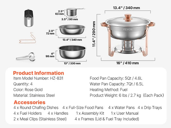 4 Pack Chafing Dish Buffet Set, Stainless Steel w/4 Full Size Round Pans