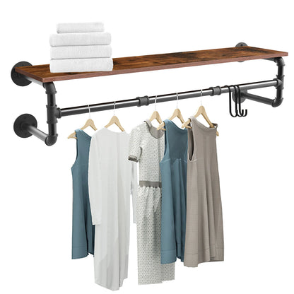 Industrial Pipe Clothing Rack, Wall Mounted Wood Shelf, Pipe Shelving