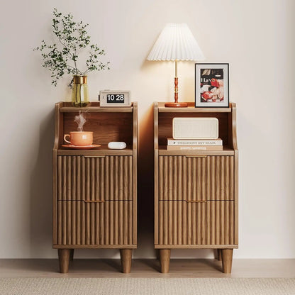 Narrow Nightstand Set of 2,11.8" Fluted with Slim Side 2 Drawers
