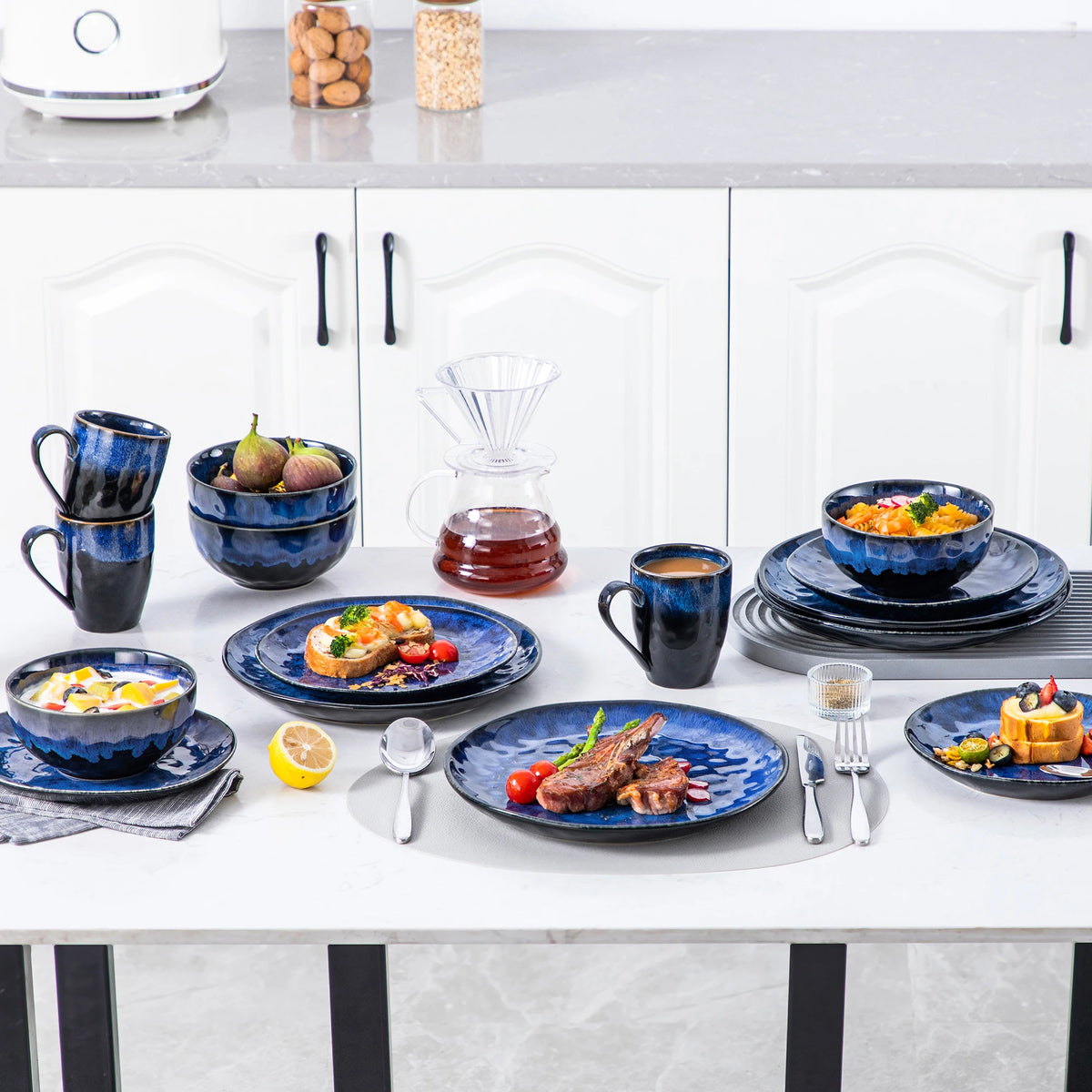 16/32-Piece Starry Blue Dinner Set, Kiln Glaze Tableware Dinner Set with Dinner Plate, Dessert Plate, Bowl