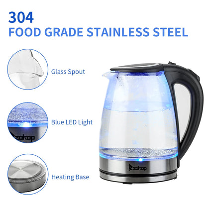 110V 1200W 1.8L Electric Glass Kettle, US Plug, Borosilicate Glass, Blue LED Auto Shut Off 360 Rotation Base