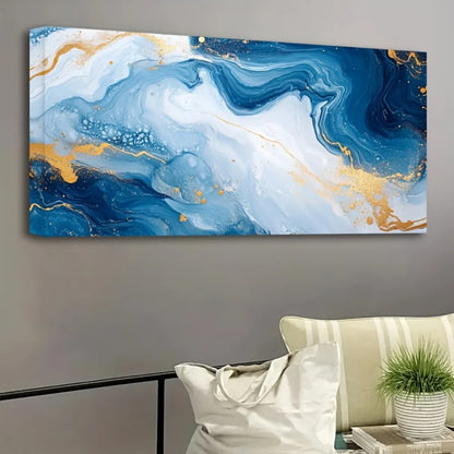 Abstract blue wave texture painting with pine solid wood frame