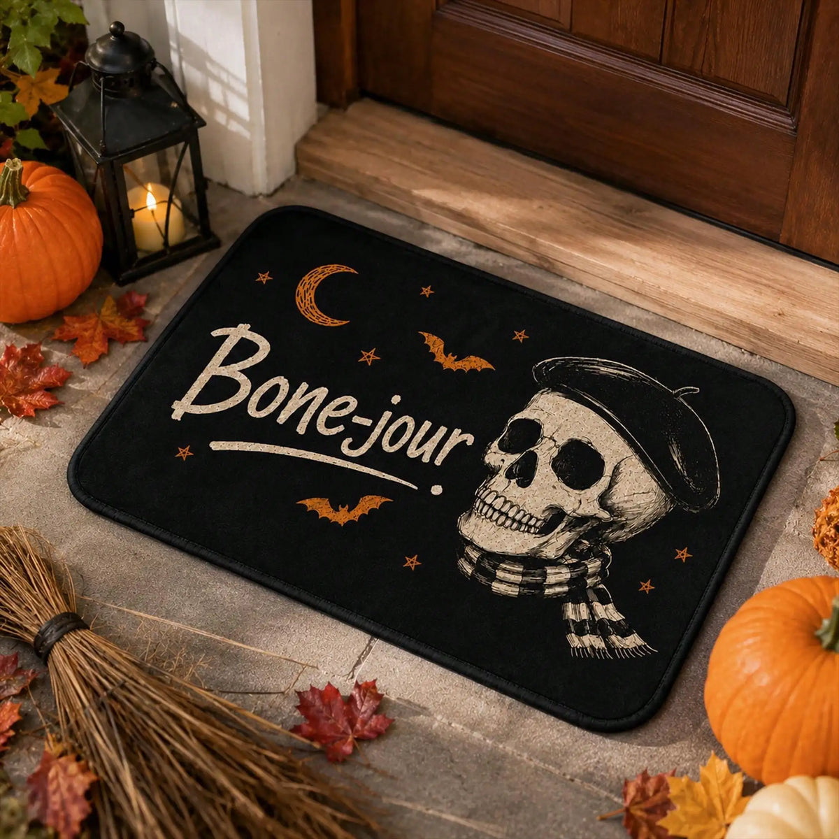Flannel Halloween Doormat, Non‑Slip Absorbent Entryway Rug, Funny Skeleton Skull Gothic and Bat Floor Mat, Spooky Fall Outdoor Decor