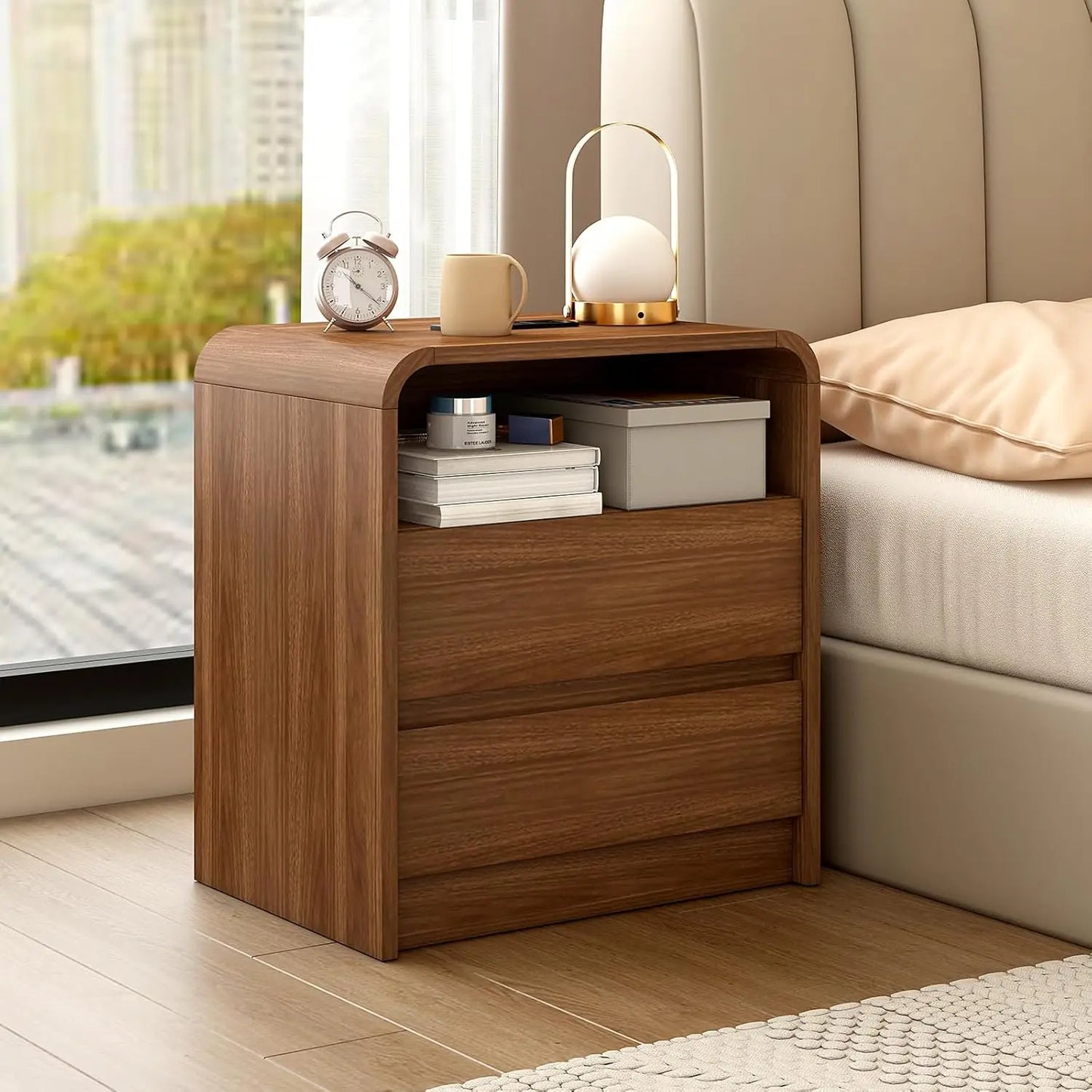 23.6" Walnut Nightstand with Charging Station, Mid Century Modern