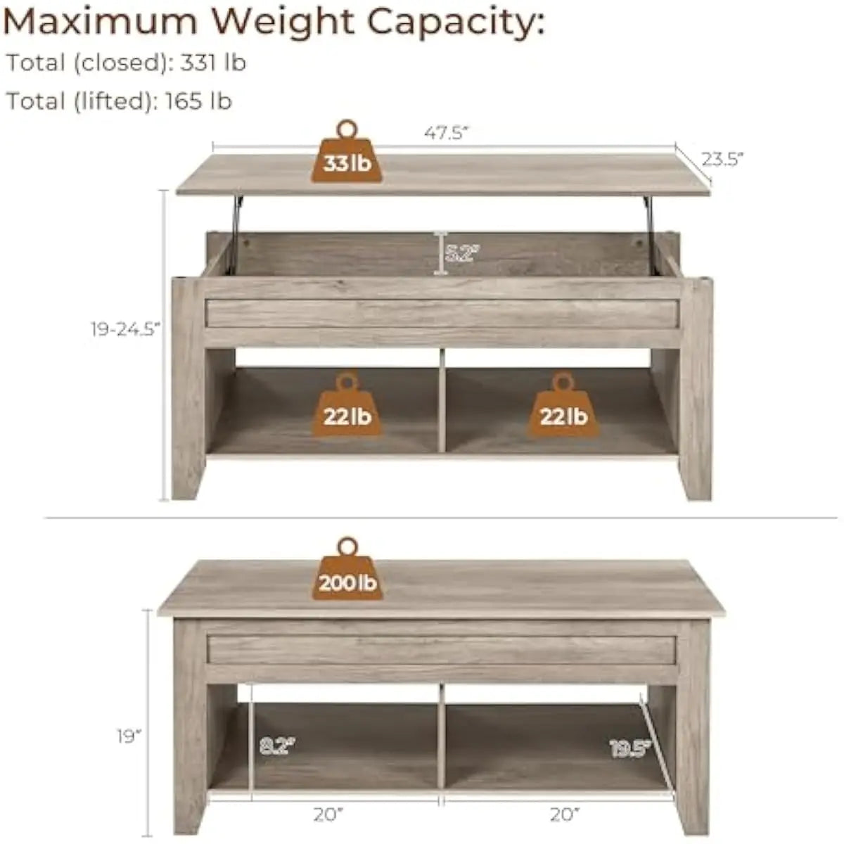 Lift-Top Coffee Table with Quiet Hydraulic Mechanism, Gray Finish 47.5 Inch Surface, Adjustable Height Work-Space