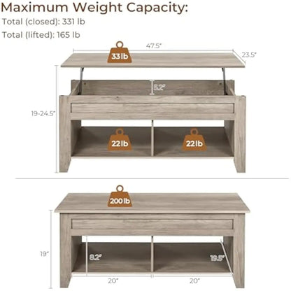 Lift-Top Coffee Table with Quiet Hydraulic Mechanism, Gray Finish 47.5 Inch Surface, Adjustable Height Work-Space