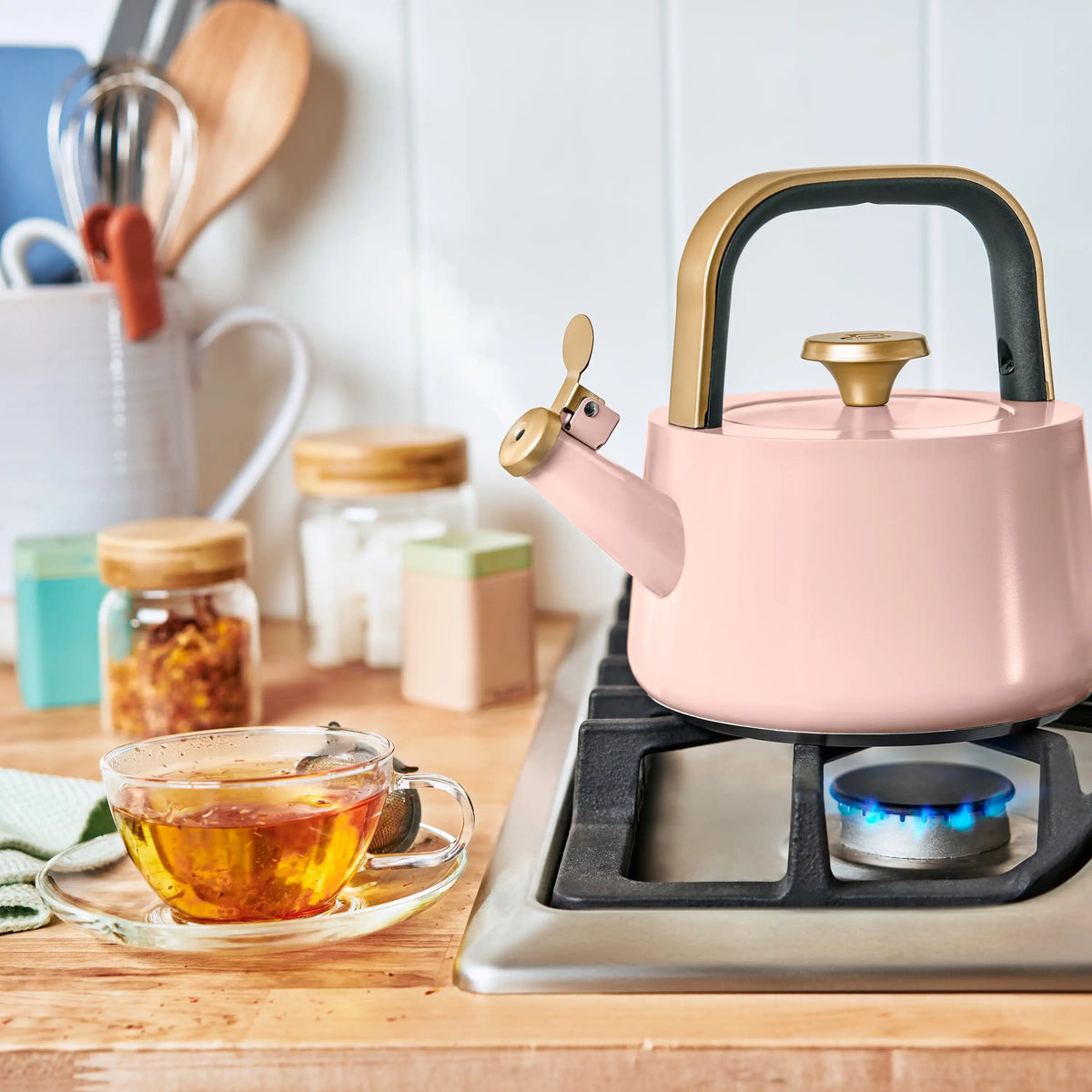 Beautiful 1.8L Ceramic Non-Stick Stovetop Tea Kettle, Sage Green by Drew Barrymore