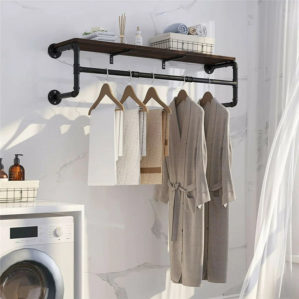 Industrial Pipe Clothing Rack, Wall Mounted Wood Shelf, Pipe Shelving