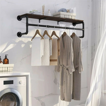 Industrial Pipe Clothing Rack, Wall Mounted Wood Shelf, Pipe Shelving