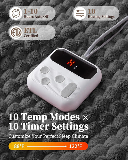Heated Blanket with 10 Heat Settings, 9H Auto Shut Off Dual Control, Fast Heating, Soft Cozy Machine Washable