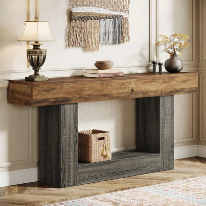 63" Console Table, Farmhouse 2-Tier Entryway Table with U-Shaped Base, Narrow Long Wood Sofa Table, Behind Couch Table