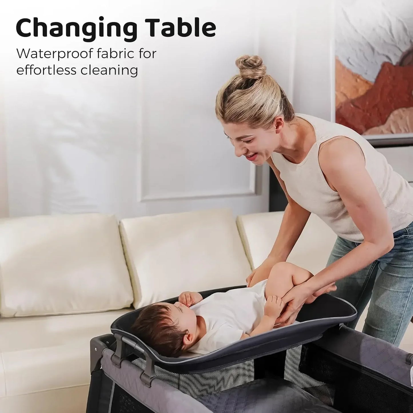 Baby Playard with Canopy, Portable Crib with Changing Table