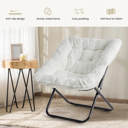 Cozy Saucer Chairs of Soft Faux Fur, Folding Lounge for Living Room, Padded Seat Metal Frame