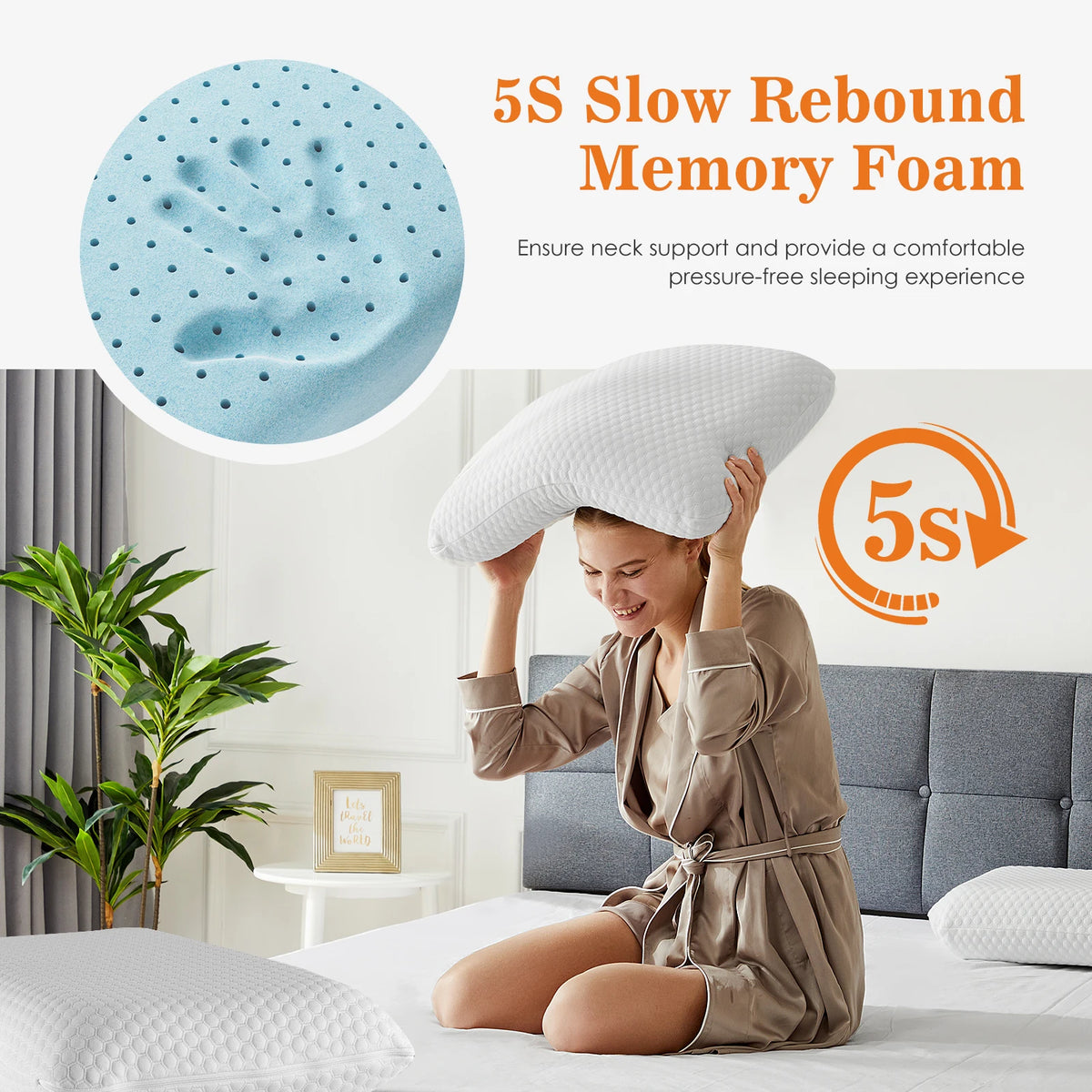 2-pieces Memory Foam Pillows, Standard Size Neck Pillow, Ventilated Cooling Bed Pillow with Removable Washable Cover ,
