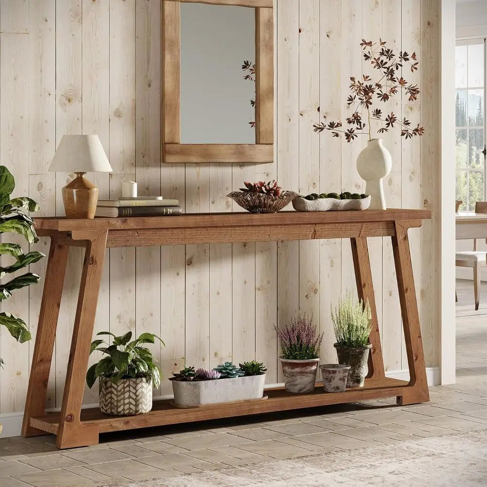 Solid Wood Table, 63-Inch with 2-Tier Storage