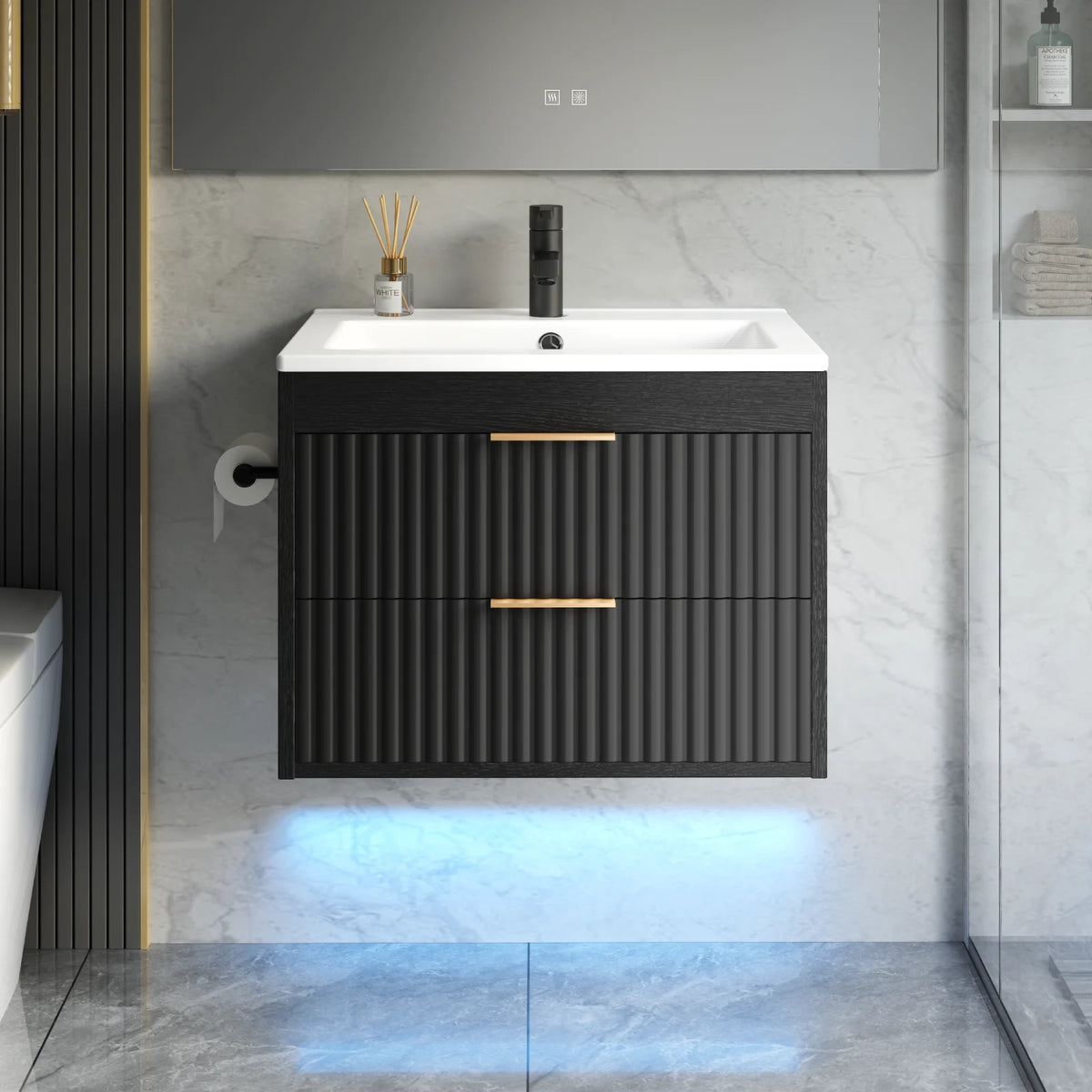 24' Floating Bathroom Vanity with Sink, Modern Wall Mounted Cabinet, 2 Drawers with Black Handles, for Bathroom/Laundry Room