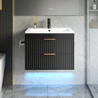 24' Floating Bathroom Vanity with Sink, Modern Wall Mounted Cabinet, 2 Drawers with Black Handles, for Bathroom/Laundry Room