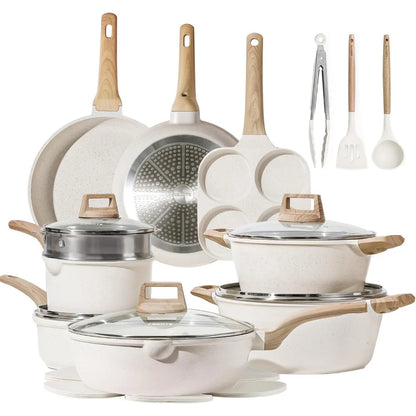 21Pcs Nonstick Cookware Sets, White Granite